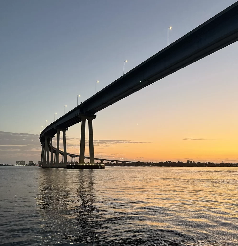 Iconic Coronado Bridge spanning San Diego Bay at sunset