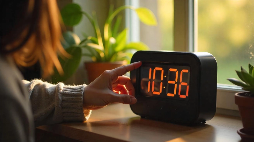 Person changing time on digital clock