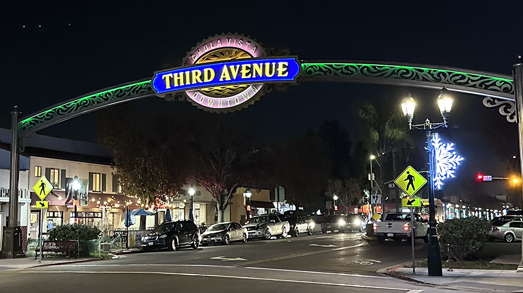 3rd Ave sign in Chula Vista at night
