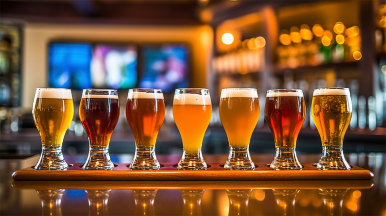 5 beers in glass cups at a bar