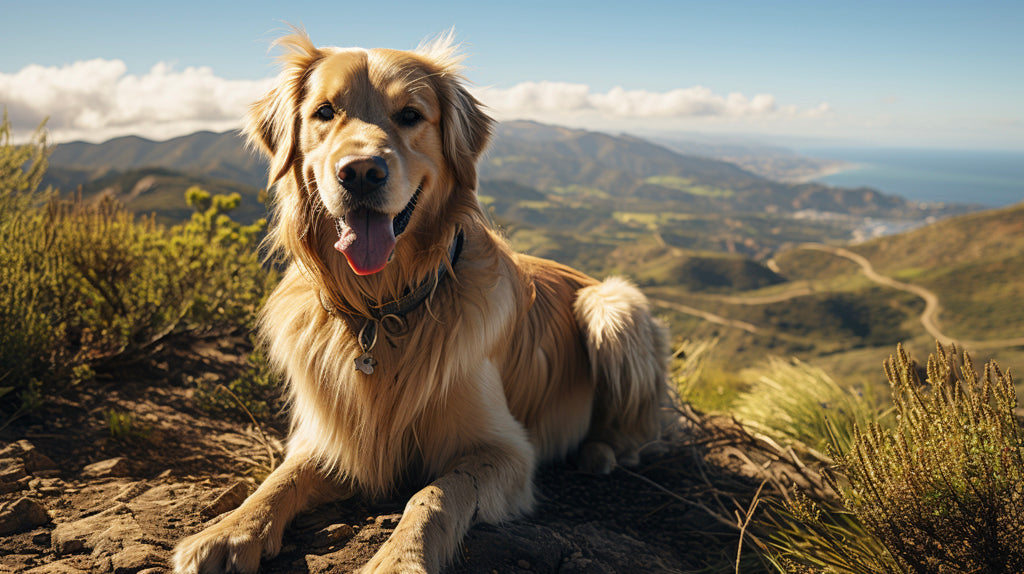 A golden retriever at the top of a hike. 
