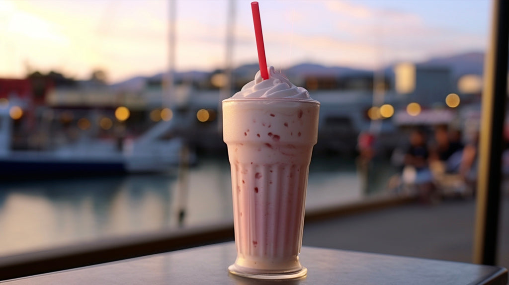 A strawberry milkshake with a straw outside