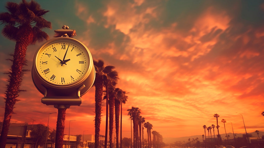 A clock outside during the sunset in San Diego