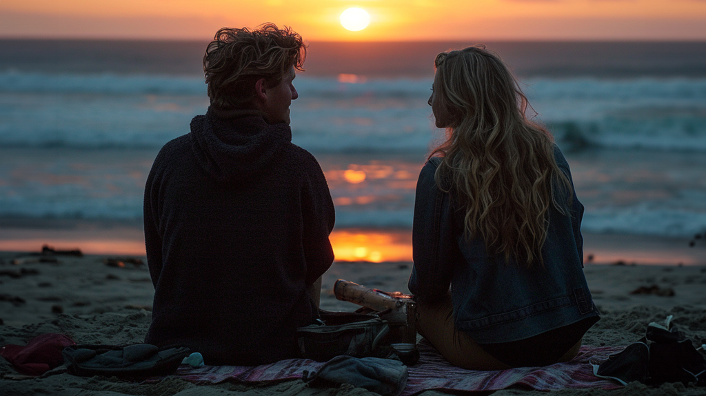 A couple watching the sunset at a beach in San Diego.
