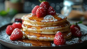 Pancakes with rapsberries drizzled in syrup and powered sugar.