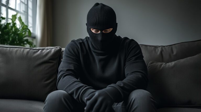 Person with ski mask sitting on couch - satire