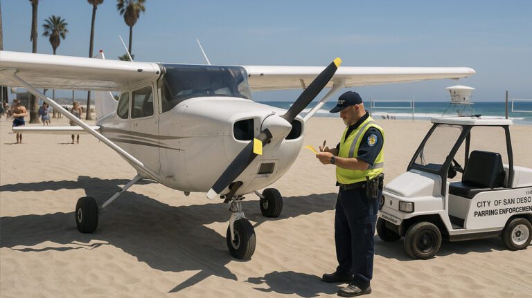 Plane getting a ticket on the beach (fake satire image)