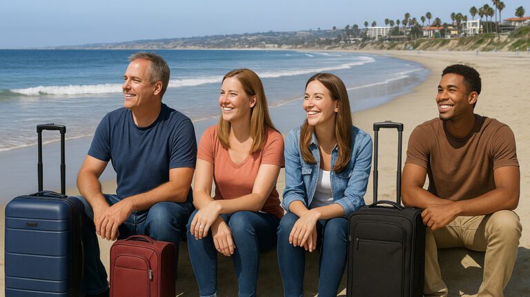 People sitting at the beach with luggage