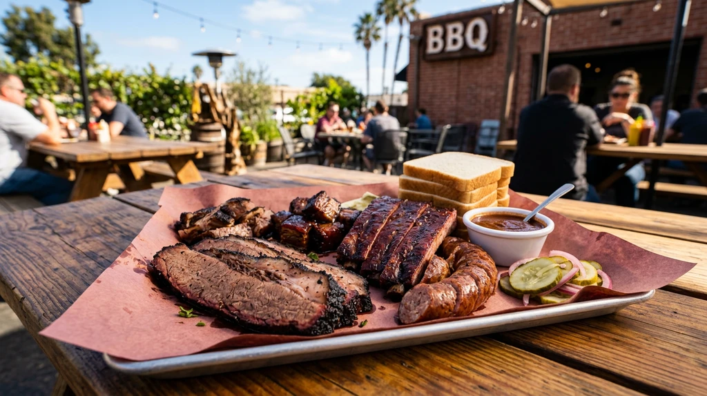 Platter of slow-smoked BBQ brisket ribs and sausage on butcher paper at a San Diego BBQ restaurant