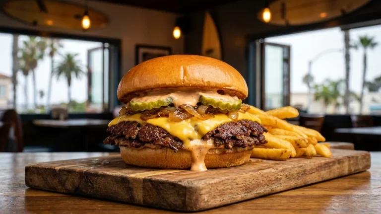Gourmet smash burger with melted cheese and fries at a San Diego burger restaurant