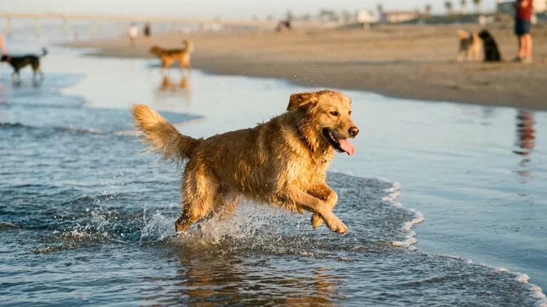 Golden retriever running through ocean waves at Dog Beach in Ocean Beach San Diego at golden hour