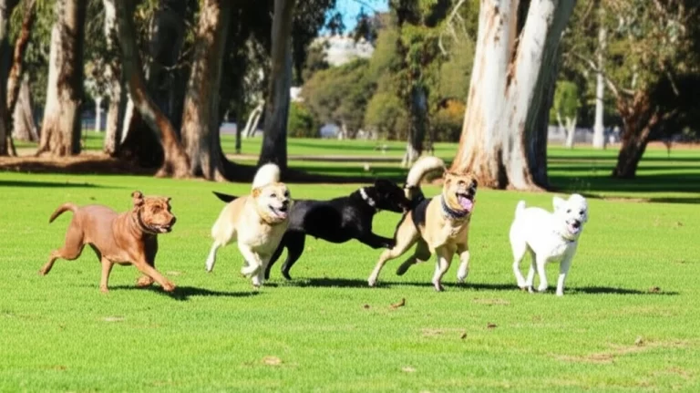 Happy dogs playing off-leash at a sunny San Diego dog park with green grass and eucalyptus trees