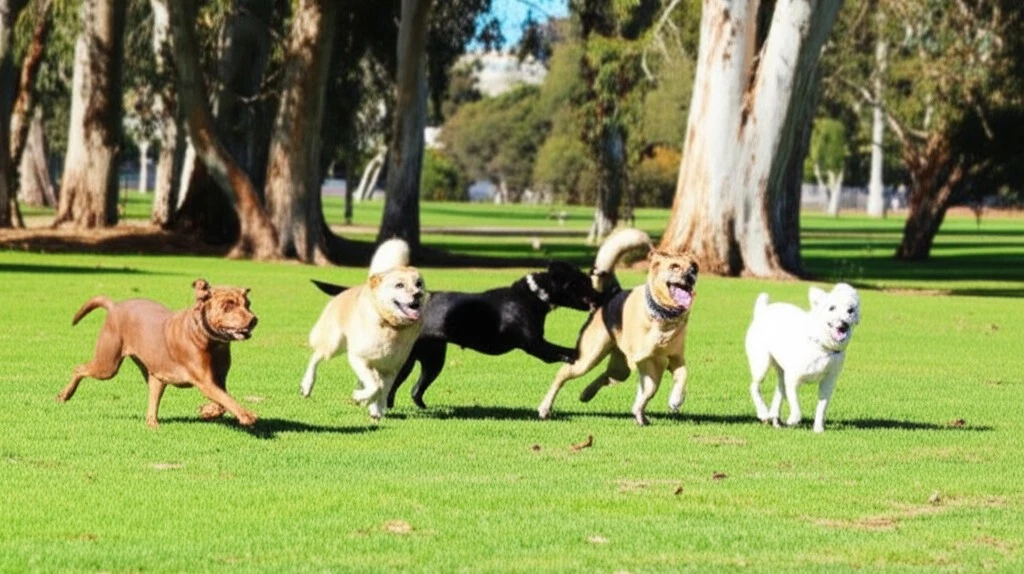 Happy dogs playing off-leash at a sunny San Diego dog park with green grass and eucalyptus trees