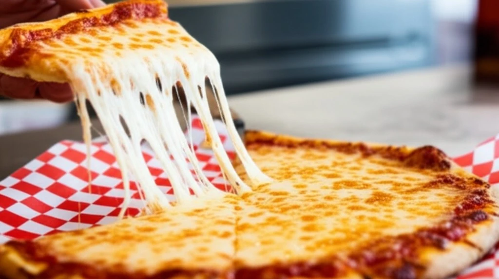 A cheesy New York-style pizza slice at a San Diego pizzeria