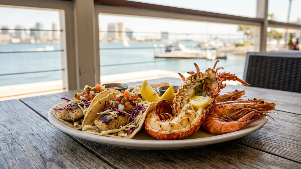 Fresh seafood platter with fish tacos lobster and shrimp at a waterfront restaurant overlooking San Diego bay