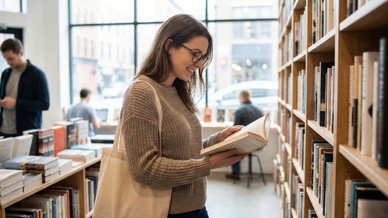 lady looking at book in bookstore