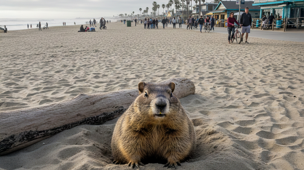 Groundhog emerging from snow for Groundhog Day prediction