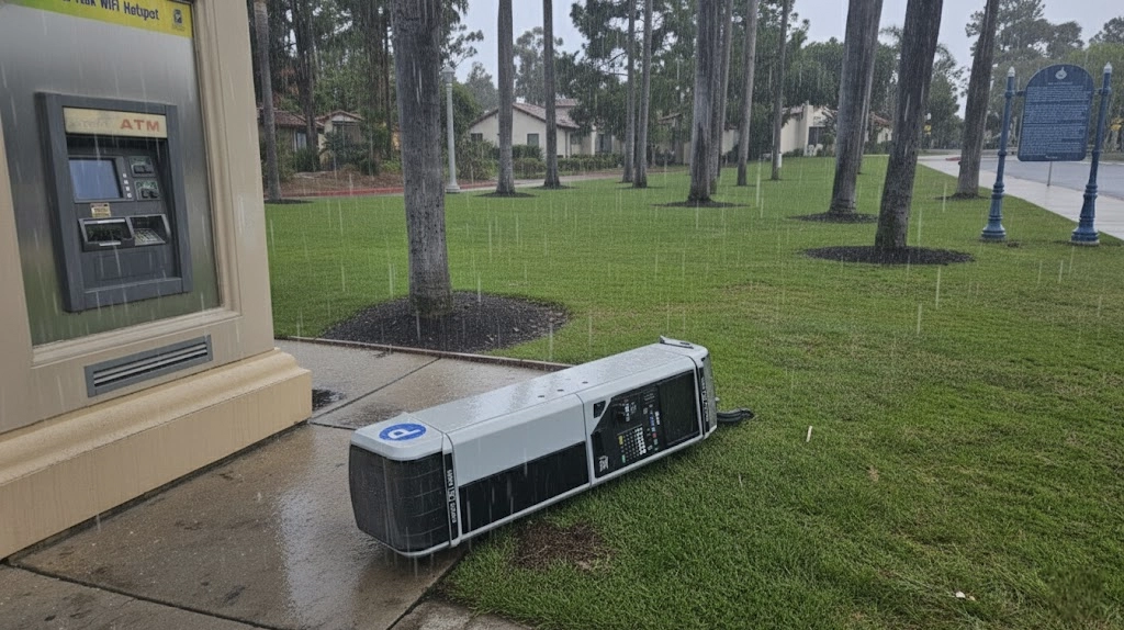 Satire image of parking meter knocked down by wind in san diego