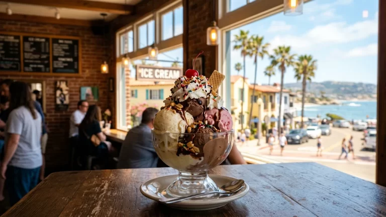 Vibrant ice cream sundae with multiple scoops and toppings at a charming San Diego ice cream parlor
