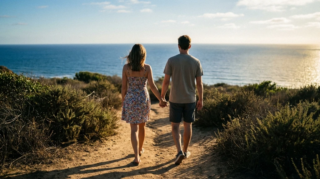 Couple walking hand-in-hand along the Torrey Pines trail overlooking the Pacific Ocean at golden hour in San Diego