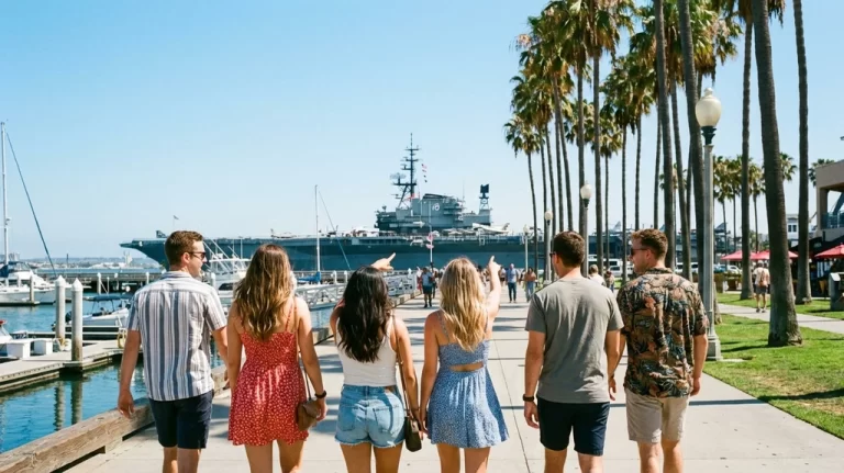 Group of friends walking along the San Diego Embarcadero waterfront with the USS Midway in the background on a sunny day