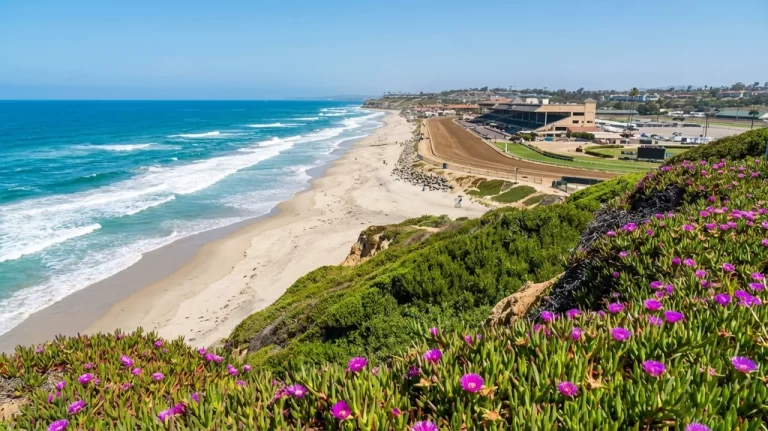 Del Mar coastline view from the bluffs with sandy beach and turquoise ocean on a sunny California day