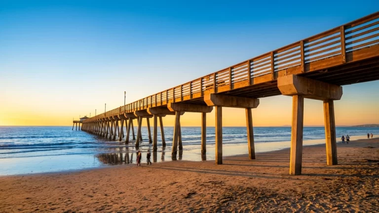 Imperial Beach pier stretching into the Pacific Ocean at golden hour with beachgoers on the sand