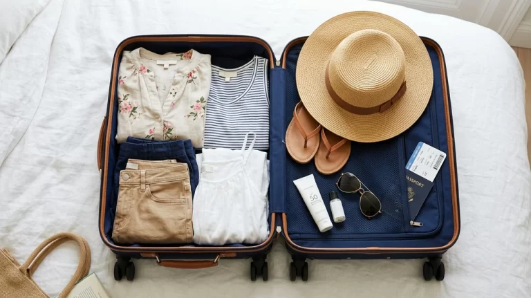 Flat lay of an open suitcase packed with summer vacation clothes sunglasses sun hat and sunscreen for a San Diego trip