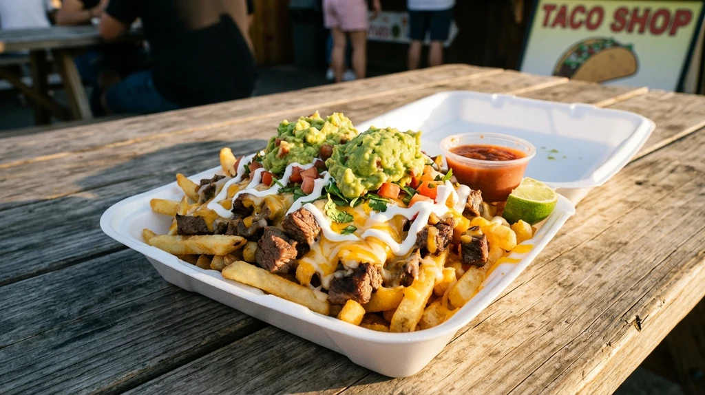 Loaded carne asada fries with guacamole sour cream and melted cheese in San Diego
