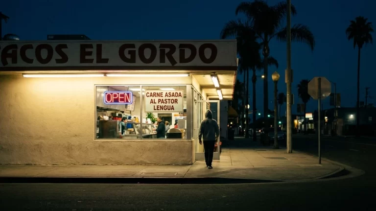 Late night taco shop glowing in San Diego with neon open sign and palm trees