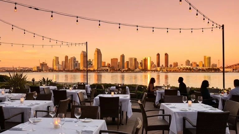 Waterfront restaurant patio at golden hour with San Diego skyline across the bay