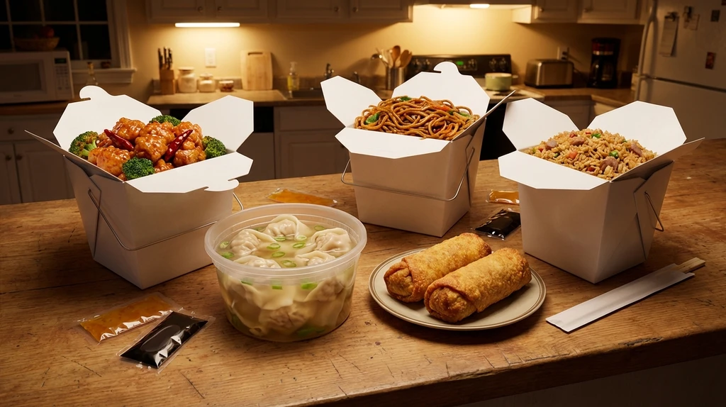 East Coast style Chinese takeout spread with General Tsos chicken lo mein and wonton soup