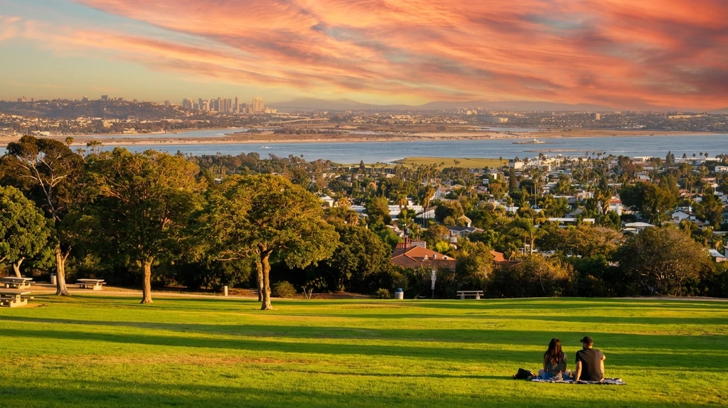 Kate Sessions Park in Pacific Beach with panoramic view of Mission Bay and downtown San Diego skyline at golden hour