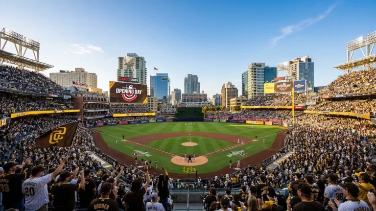 Petco Park packed with fans on Padres Opening Day 2026 with San Diego skyline