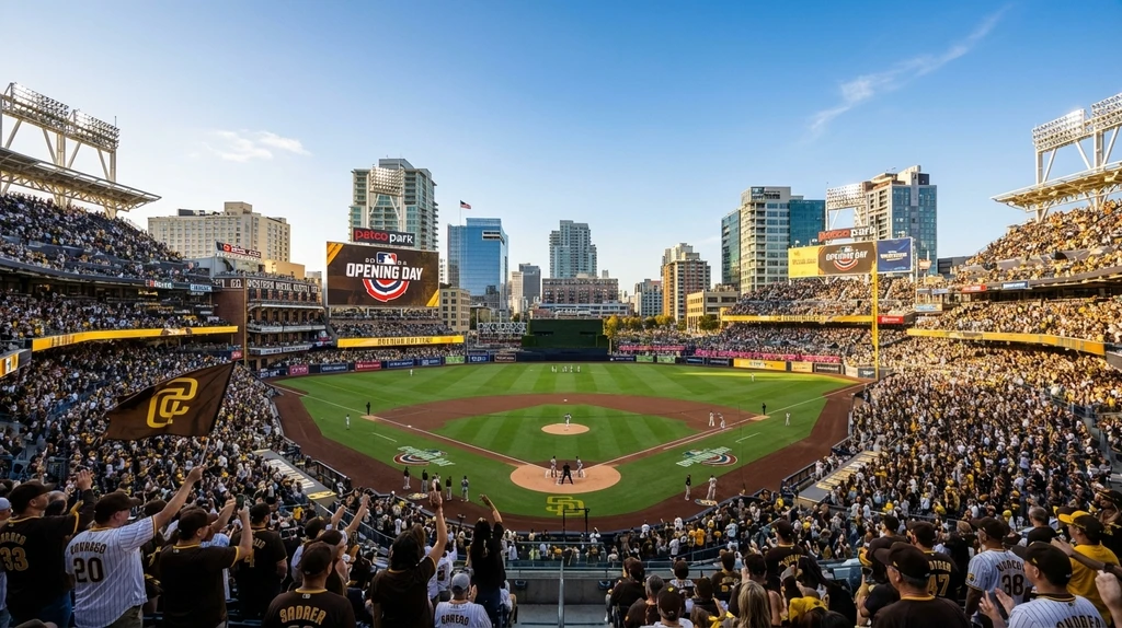 Petco Park packed with fans on Padres Opening Day 2026 with San Diego skyline