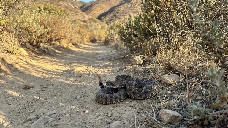 Rattlesnake coiled on San Diego hiking trail