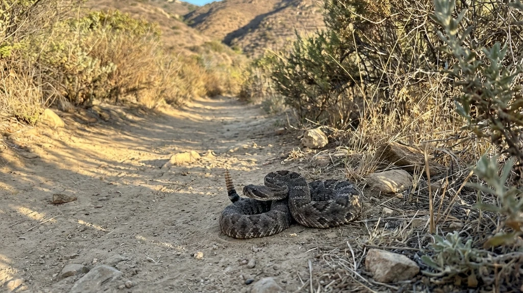 Rattlesnake coiled on San Diego hiking trail