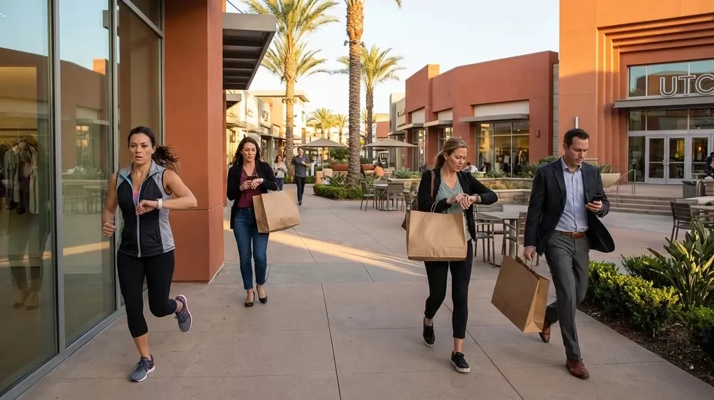 Shoppers speed-walking through Westfield UTC mall in San Diego