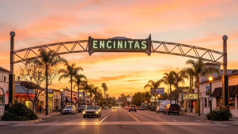 Encinitas archway sign over Coast Highway 101 at golden hour sunset