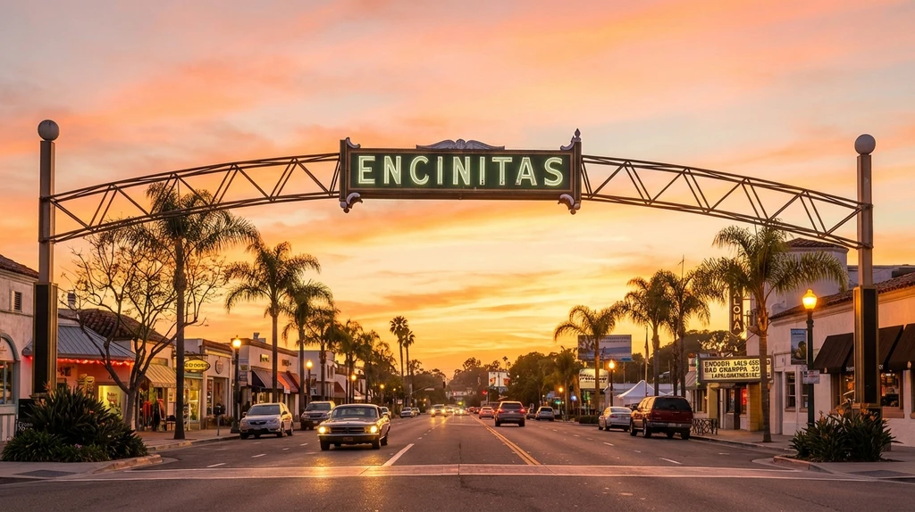 Encinitas archway sign over Coast Highway 101 at golden hour sunset