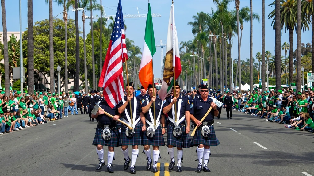St Patricks Day parade in San Diego with kilts flags and crowds lining a tree-lined boulevard