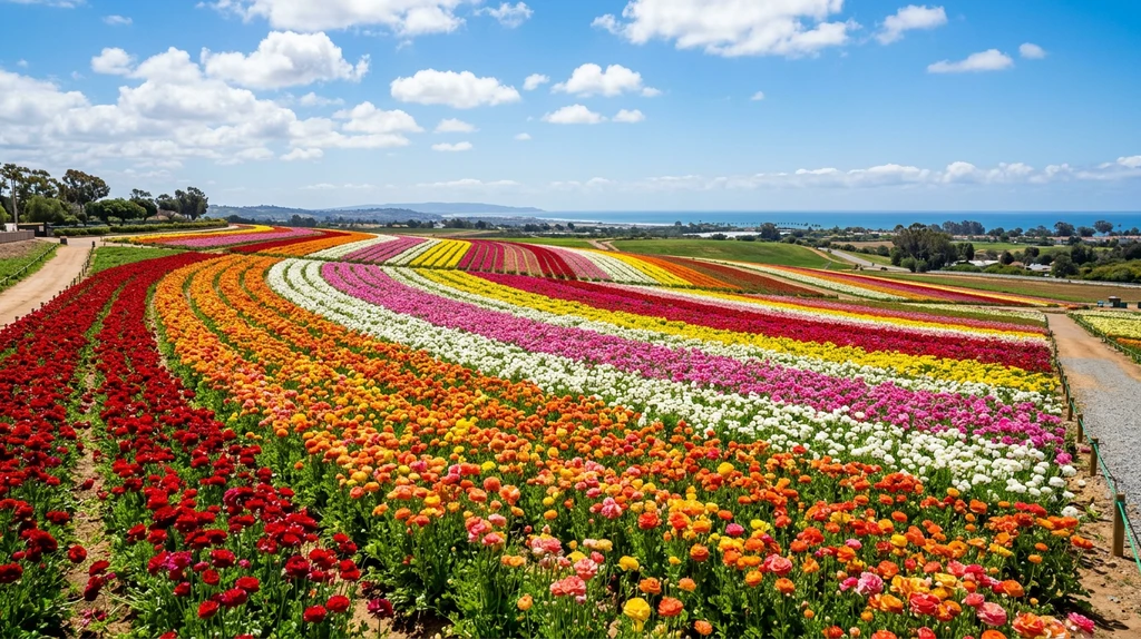 Rows of colorful ranunculus flowers at The Flower Fields at Carlsbad Ranch San Diego