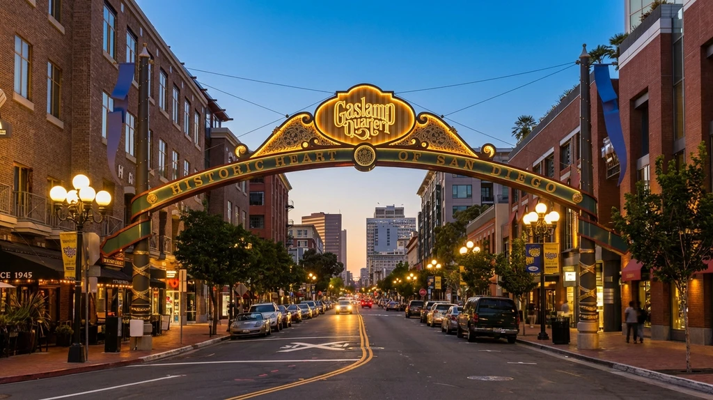Gaslamp Quarter sign and 5th Avenue in Downtown San Diego at dusk